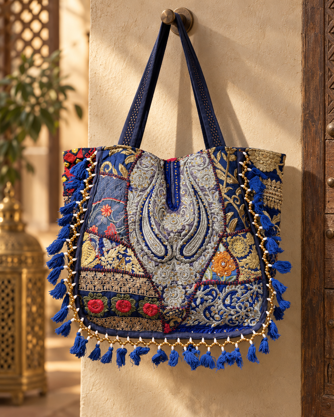 Handmade Embroidered Navy Blue Patchwork Tote Bag with Tassels & Beaded Detailing | Elara