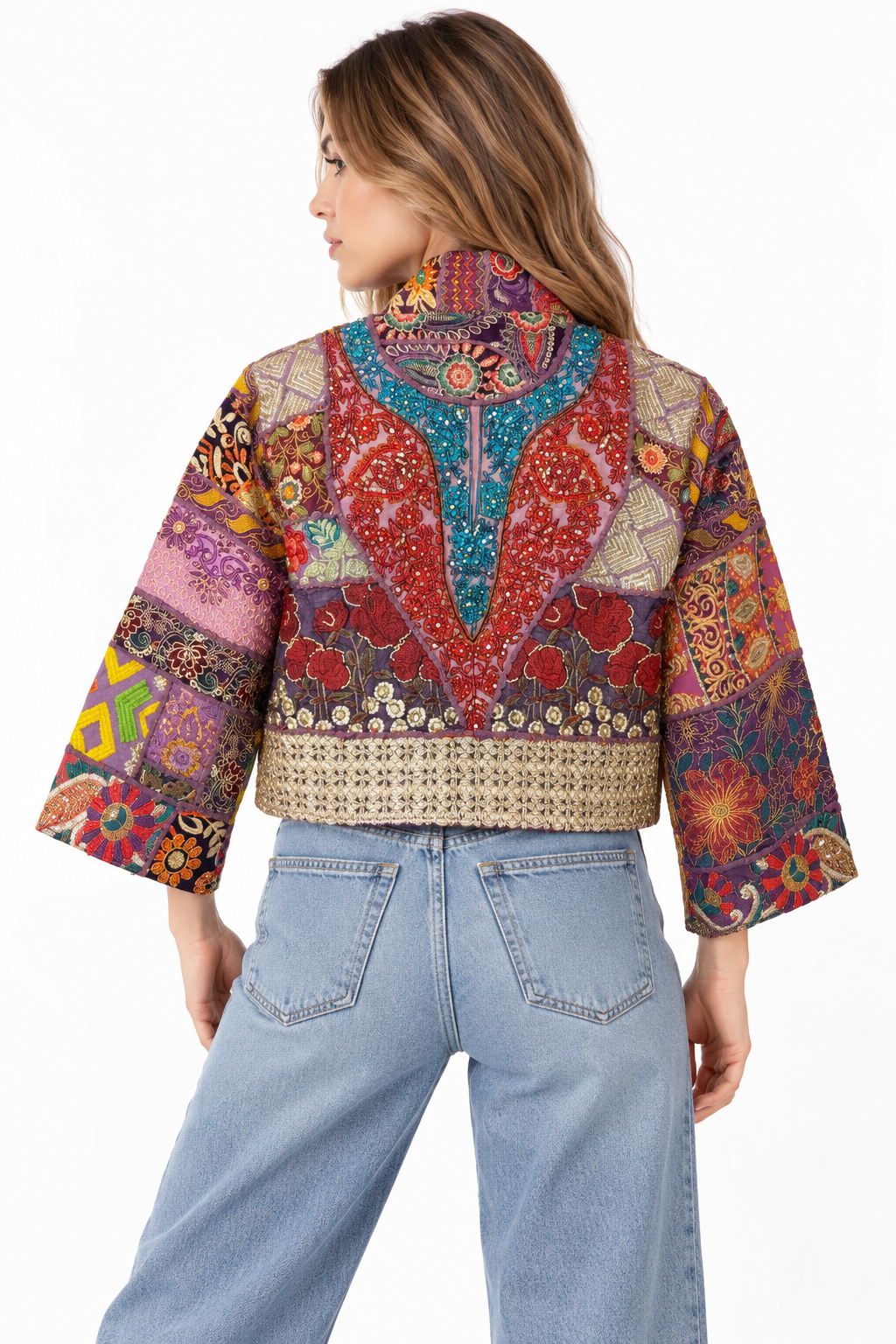 Handmade Multicoloured Patchwork Embroidered Jacket with Floral Detailing | Camille
