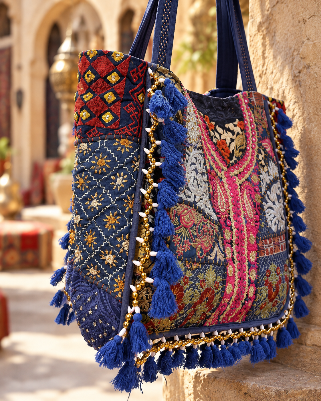Handmade Embroidered Navy Blue Patchwork Tote Bag with Tassels & Beaded Detailing | Elara
