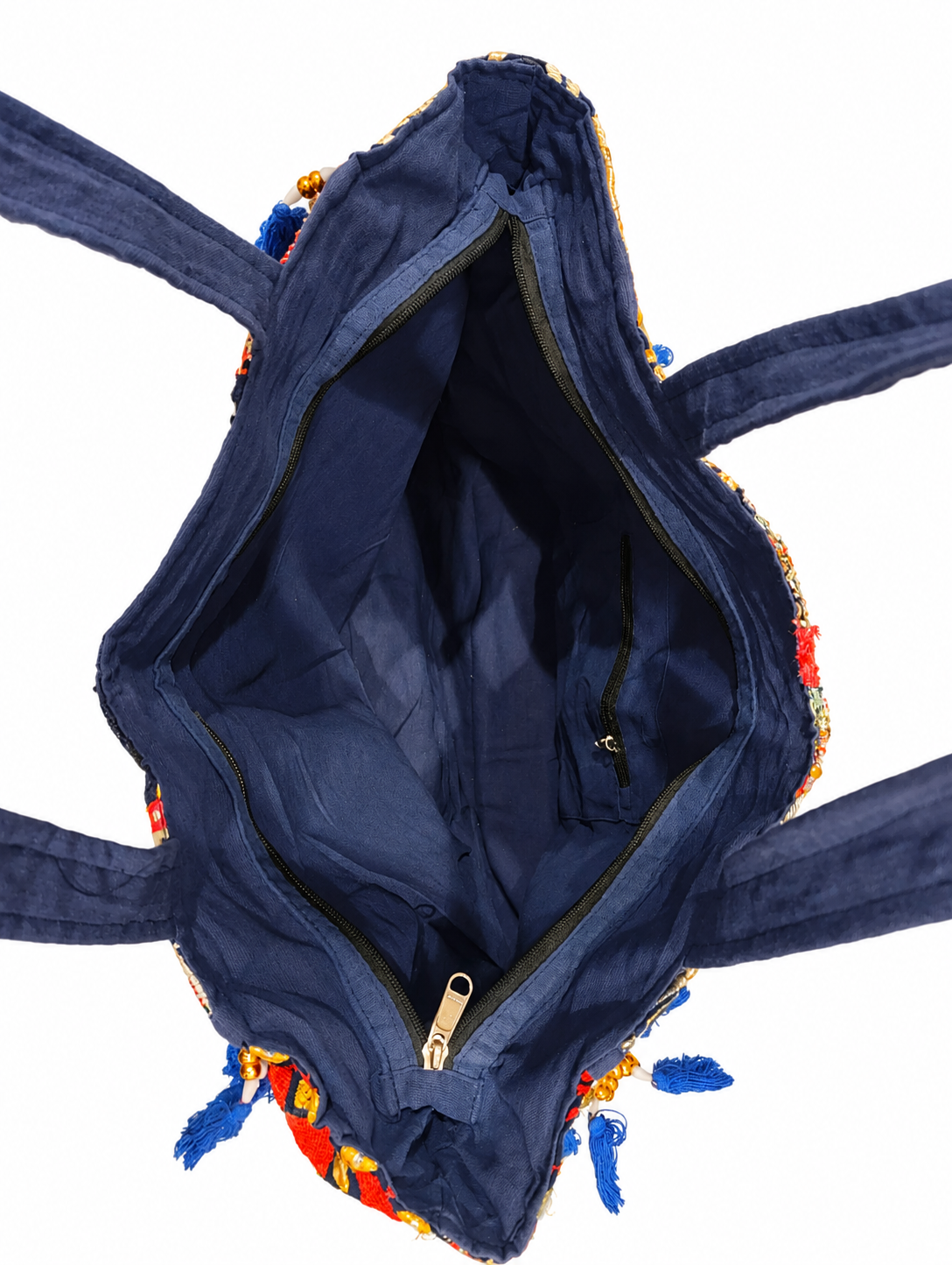 Handmade Embroidered Navy Blue Patchwork Tote Bag with Tassels & Beaded Detailing | Elara