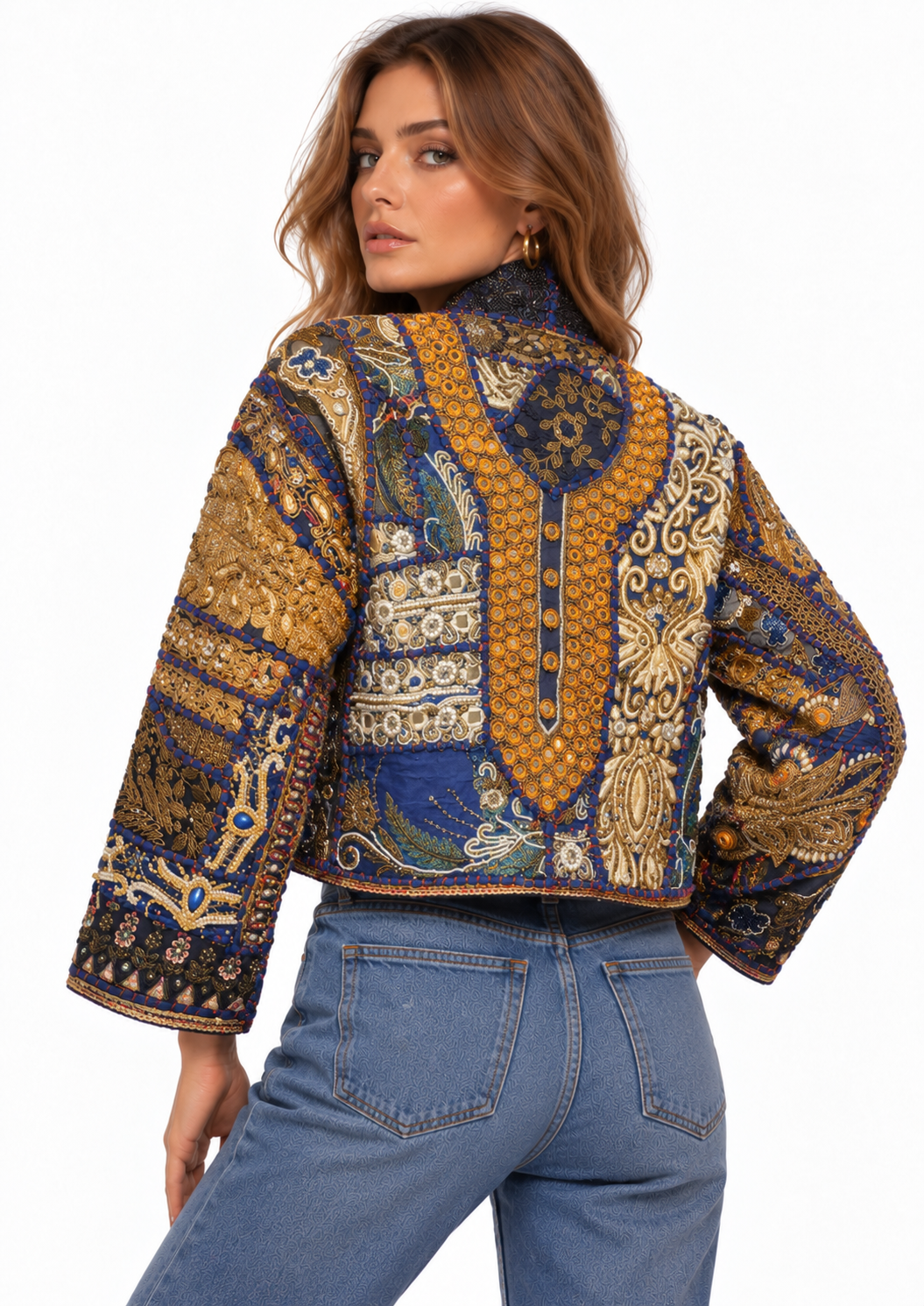 Handmade Navy Embroidered Jacket with Gold & Blue Beaded Detailing | Elodie