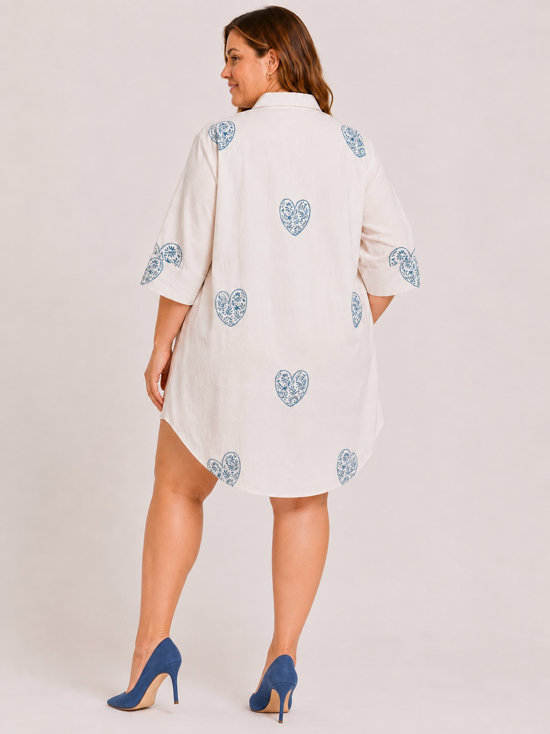 Cream Cotton Drop Shoulder Shirt with Hand Block Blue Heart Motif & Relaxed Everyday Style | Dilara