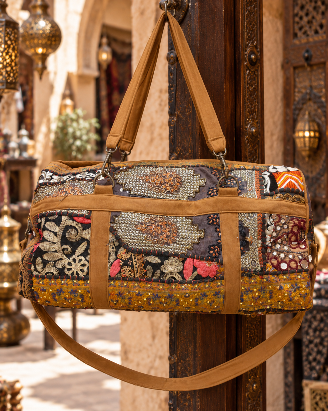 Handmade Embroidered Patchwork Duffle Bag with Mirror & Sequin Detailing | Sofia