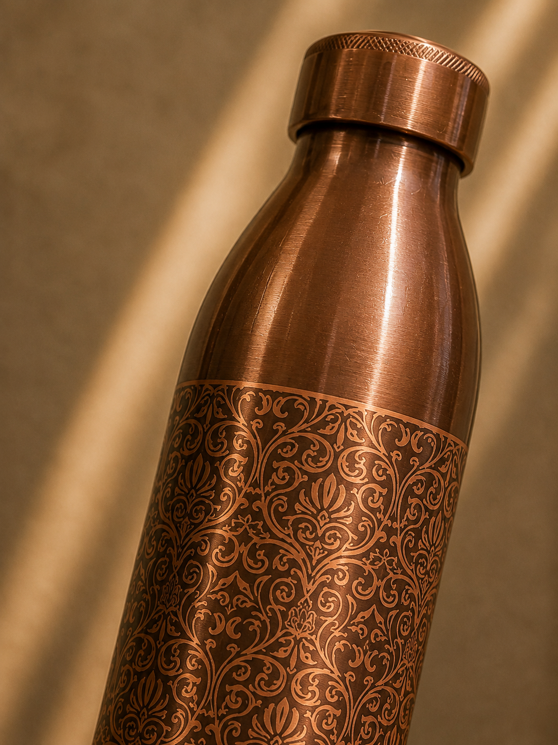 Pure Copper Water Bottle with Intricate Floral and Ornamental Engraved Pattern – Zahra