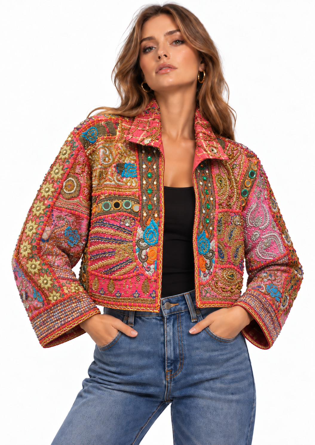 Handmade Pink Embroidered Jacket with Multicolor Beaded Detailing | Amelie