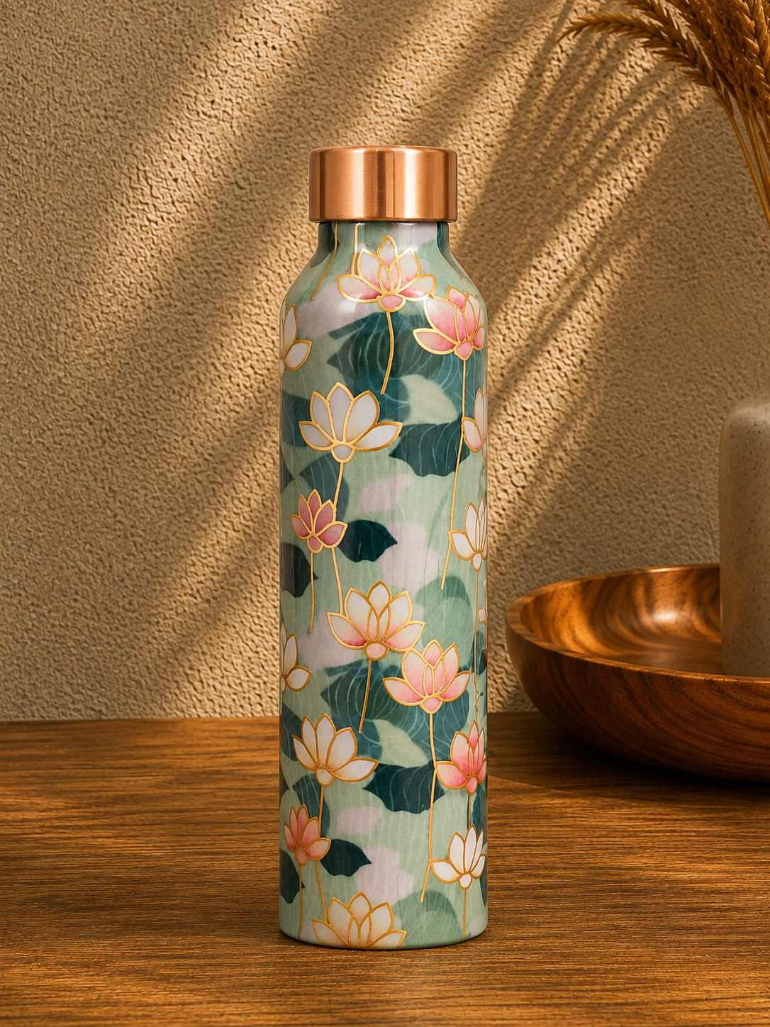 Pure Copper Water Bottle with Elegant Lotus Floral Pattern and Decorative Design – Niloufar