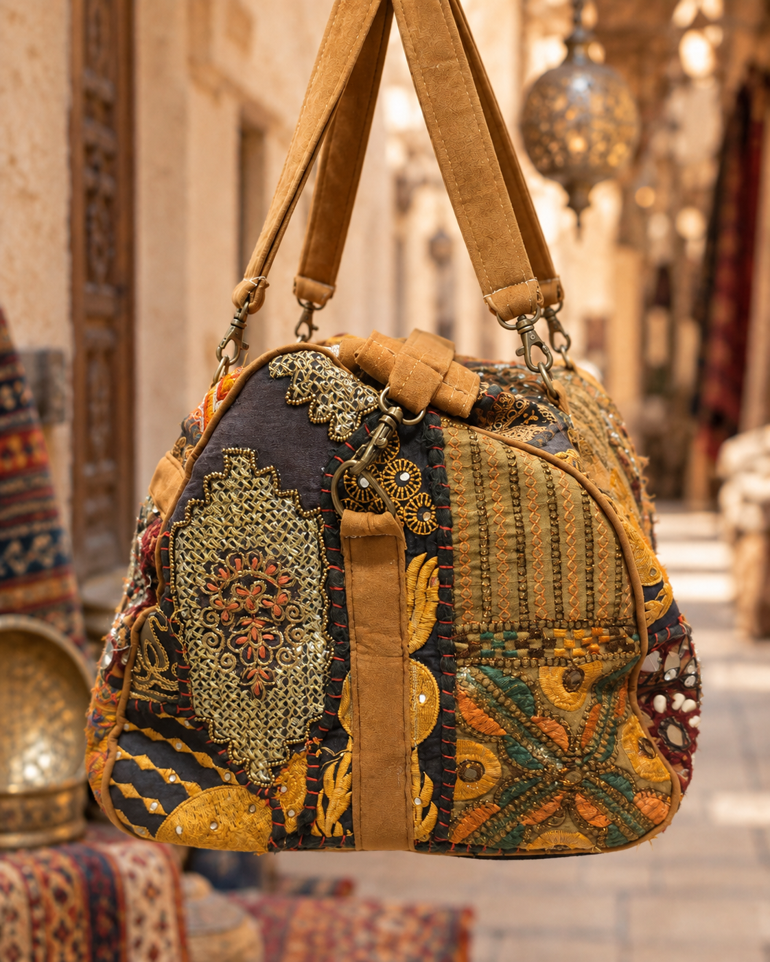Handmade Embroidered Patchwork Duffle Bag with Mirror & Sequin Detailing | Sofia