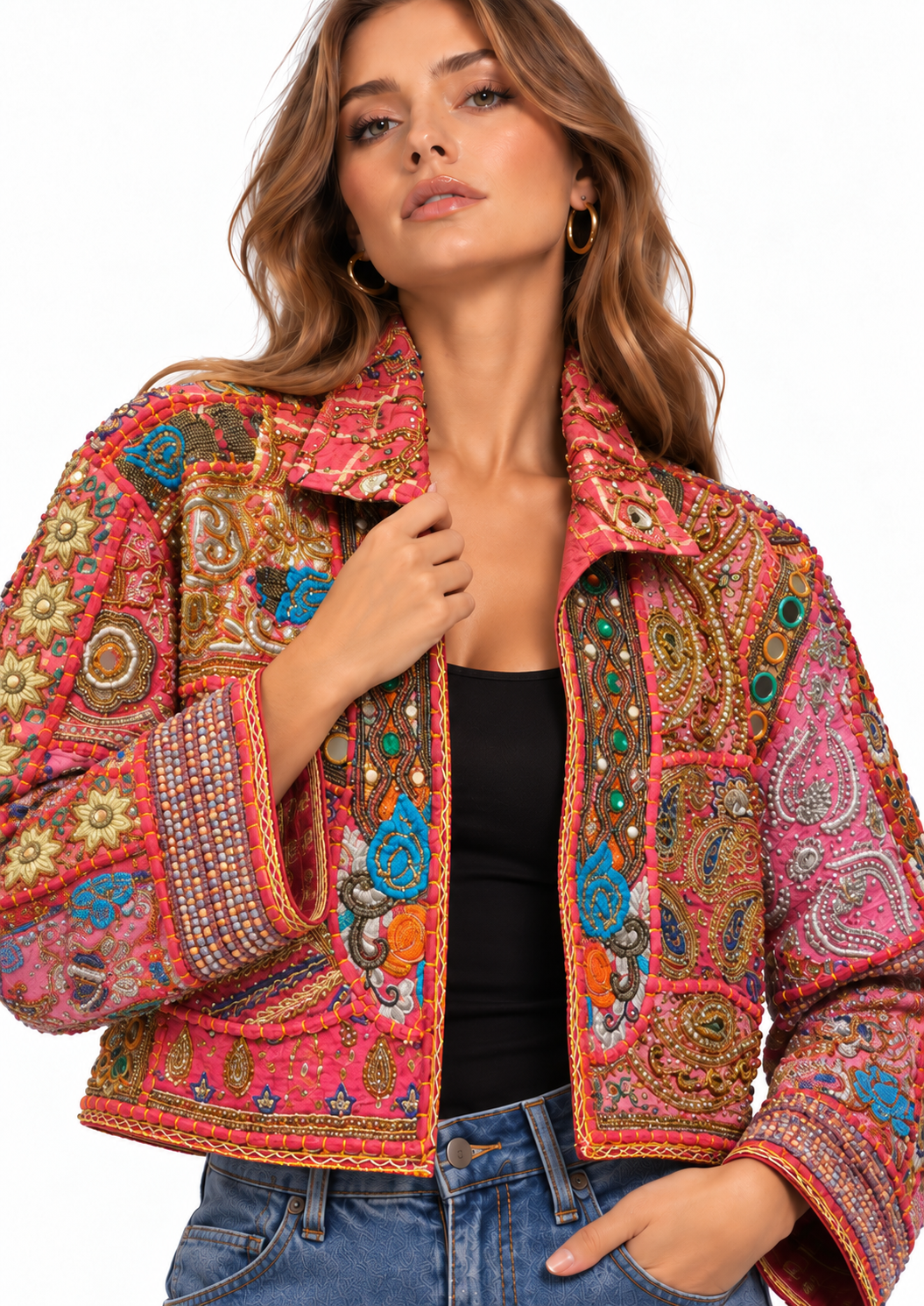 Handmade Pink Embroidered Jacket with Multicolor Beaded Detailing | Amelie