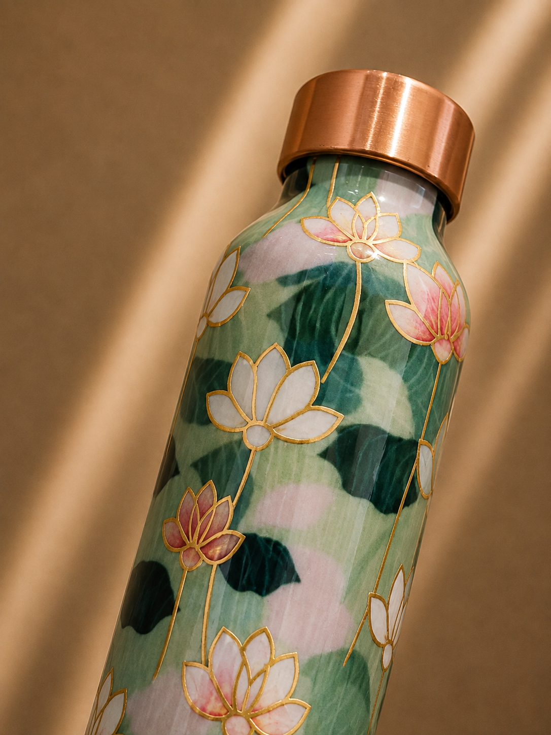 Pure Copper Water Bottle with Elegant Lotus Floral Pattern and Decorative Design – Niloufar