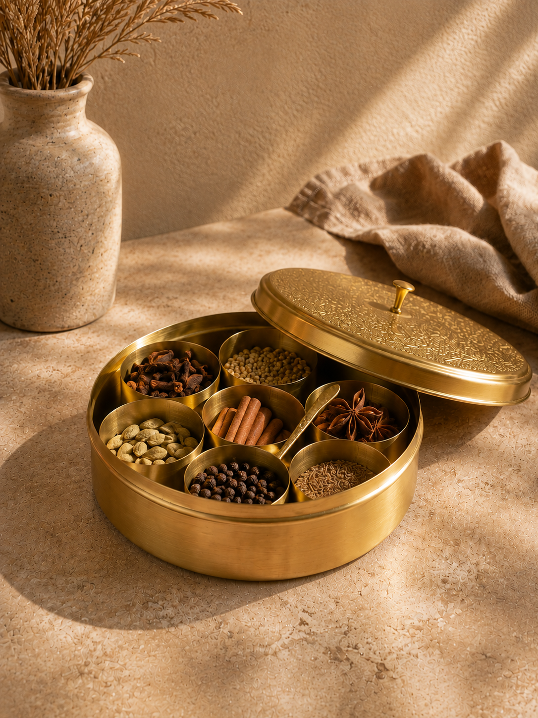 Brass Spice Box with 7 Compartments – Traditional Masala Storage Container