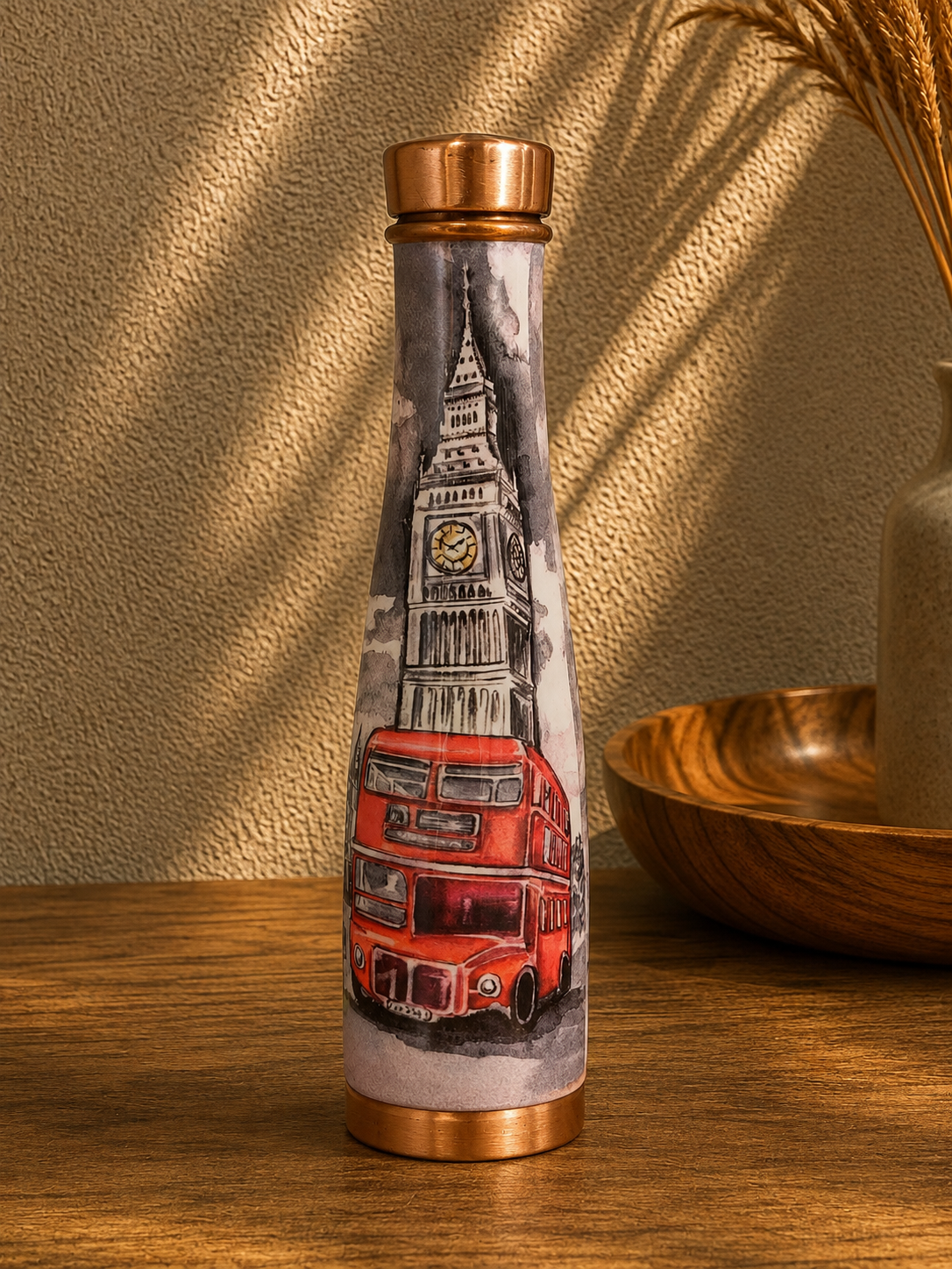 Copper Water Bottle with London Big Ben & Red Bus Travel Print – Rihla