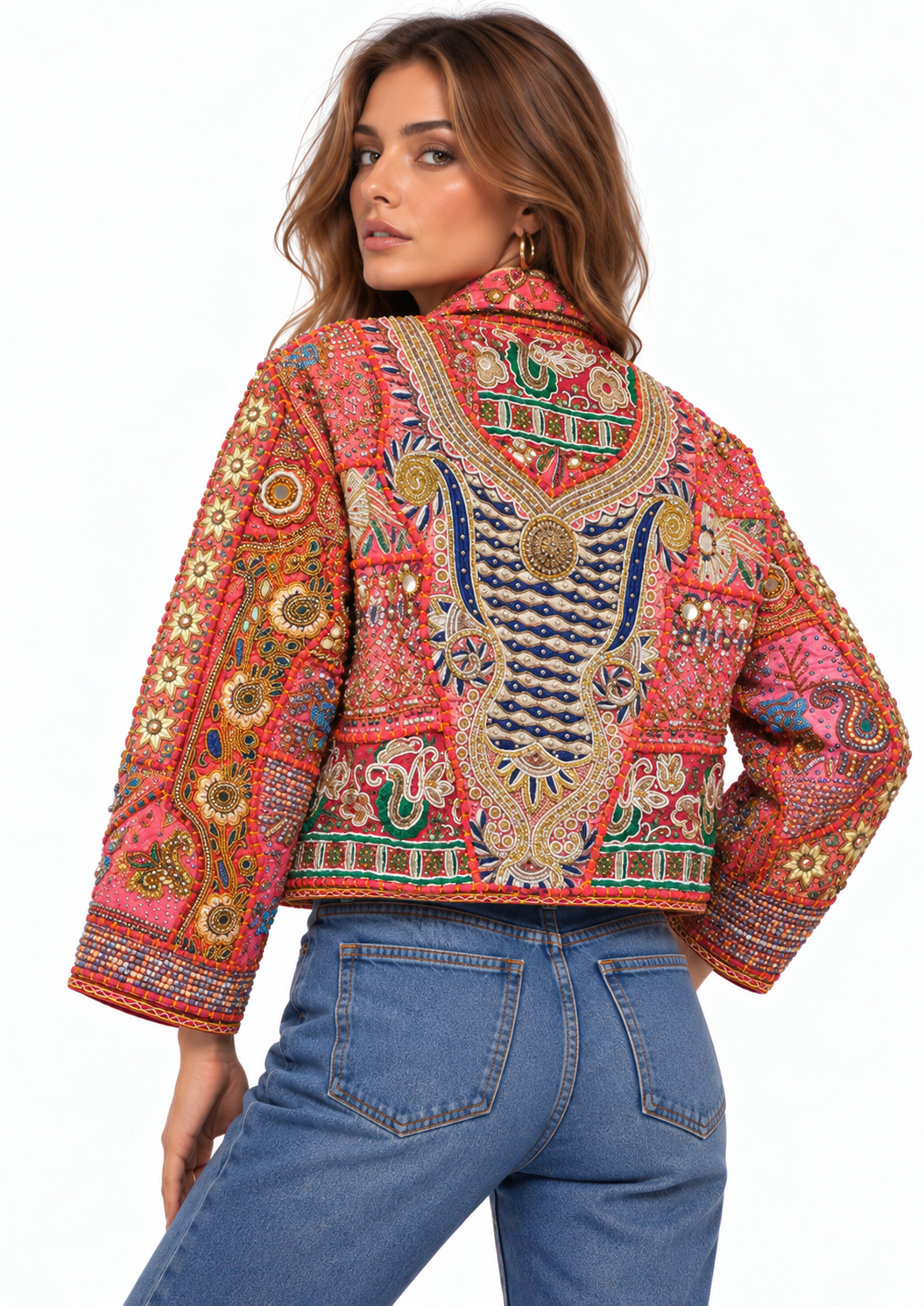 Handmade Pink Embroidered Jacket with Multicolor Beaded Detailing | Amelie