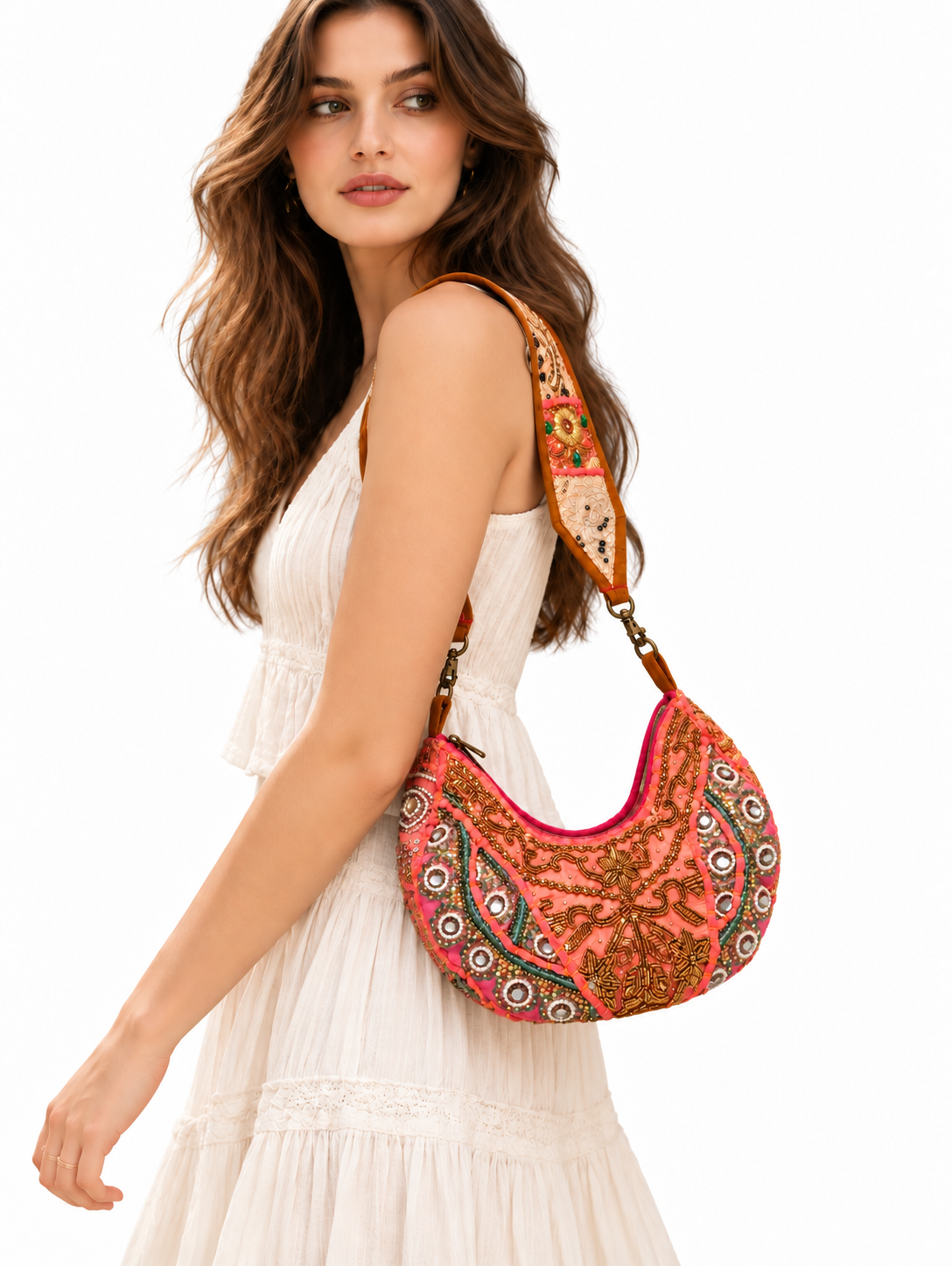 Handmade Pink Beaded Embroidered Hobo Bag | Estelle