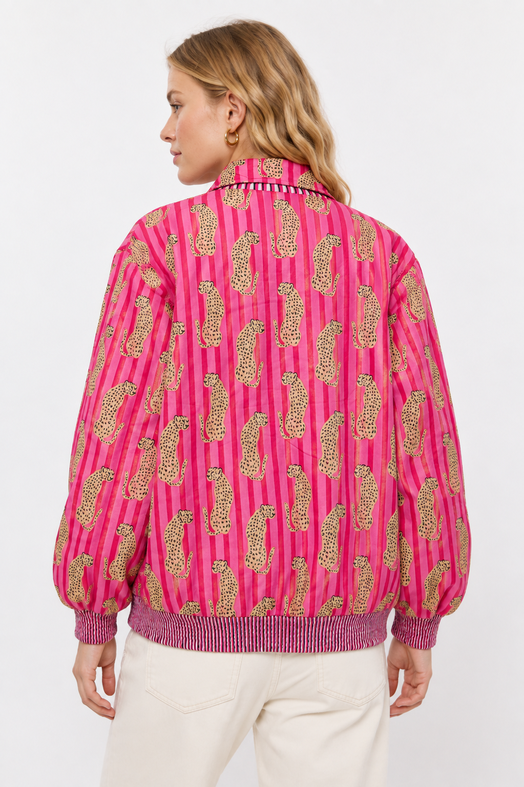 Pink Cotton Bomber Jacket with Leopard Print & Striped Pattern | Thalia
