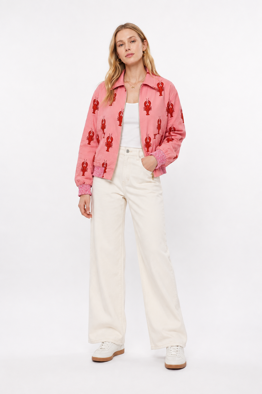 Pink Cotton Bomber Jacket with Lobster Motif & Playful Statement Design | Melite