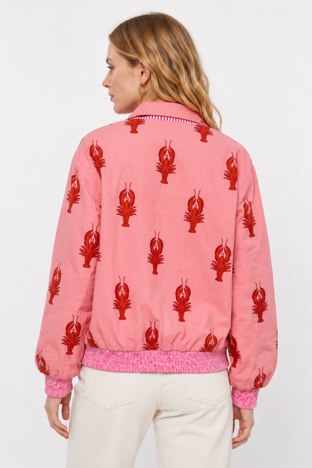 Pink Cotton Bomber Jacket with Lobster Motif & Playful Statement Design | Melite