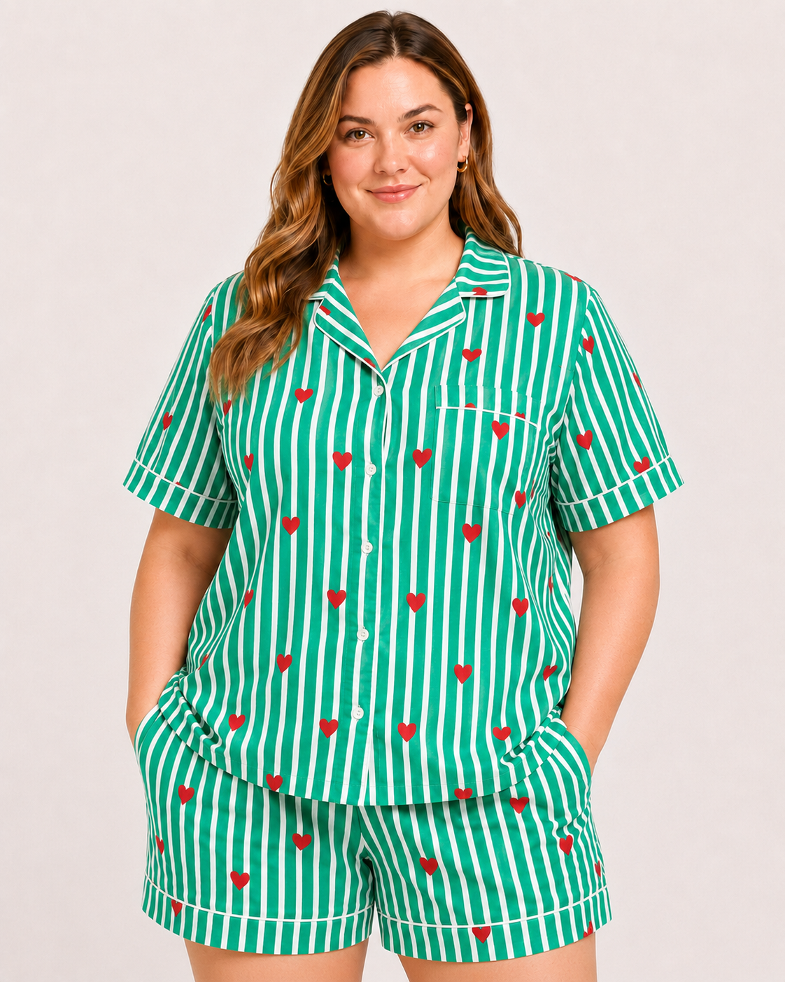Green Cotton Night Suit Set with Heart Print, Striped Shirt & Shorts | Warda