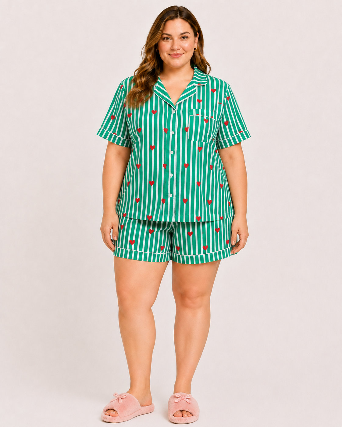 Green Cotton Night Suit Set with Heart Print, Striped Shirt & Shorts | Warda
