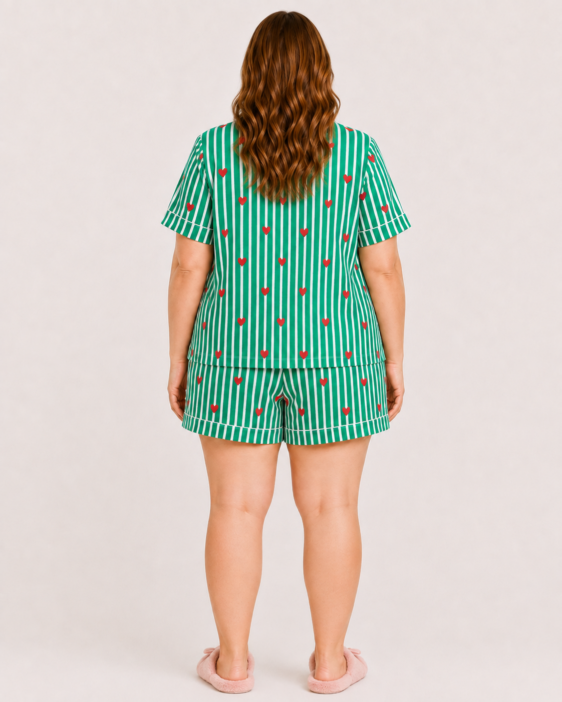 Green Cotton Night Suit Set with Heart Print, Striped Shirt & Shorts | Warda