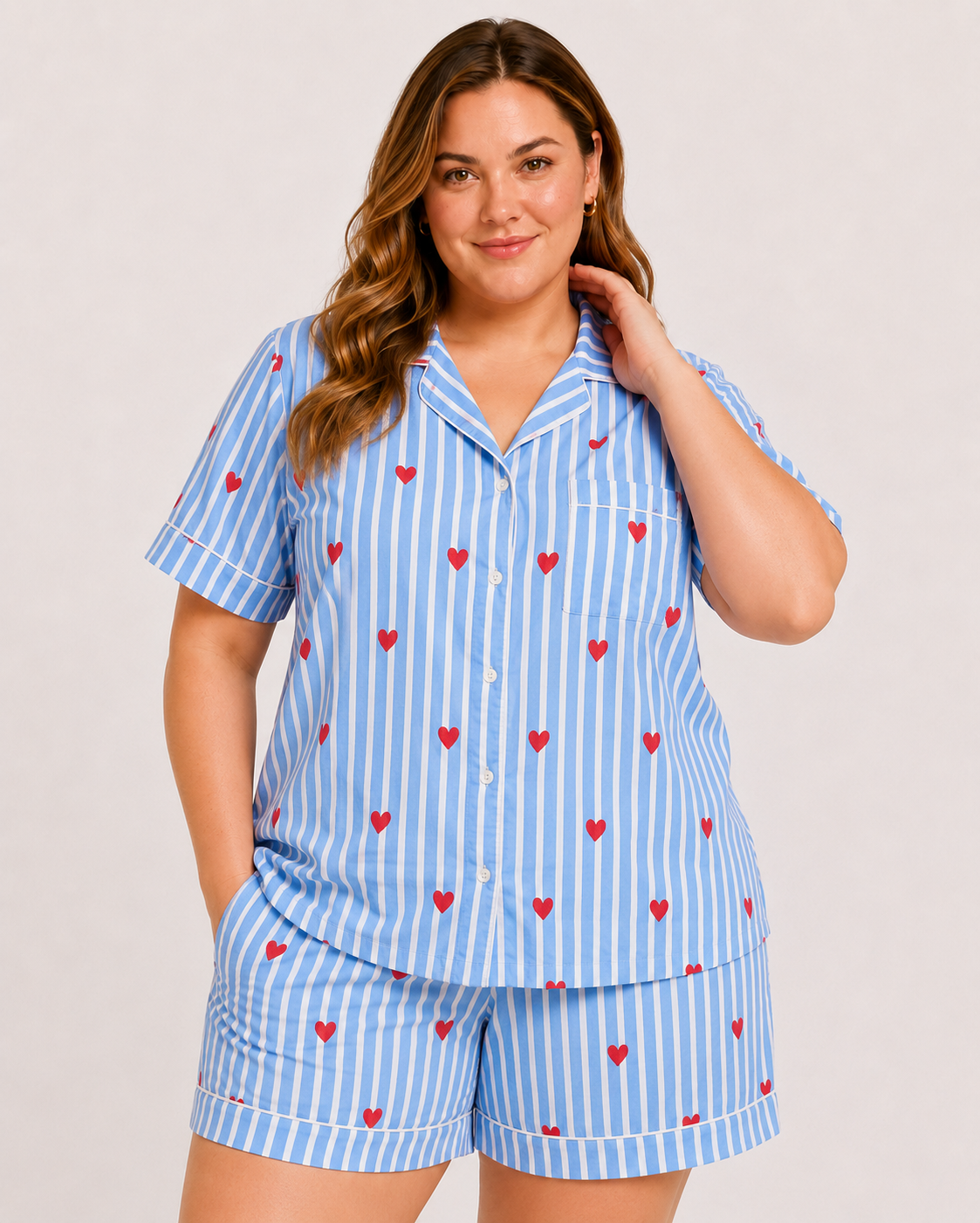 Blue Cotton Night Suit Set with Heart Print, Striped Shirt & Shorts | Safiya