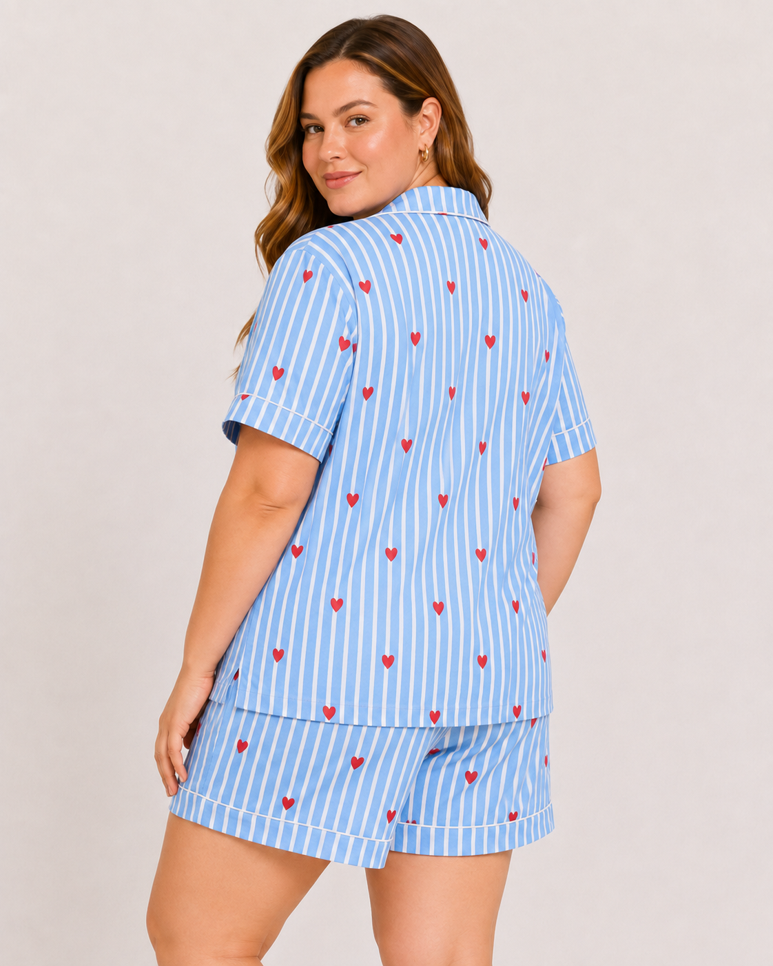 Blue Cotton Night Suit Set with Heart Print, Striped Shirt & Shorts | Safiya