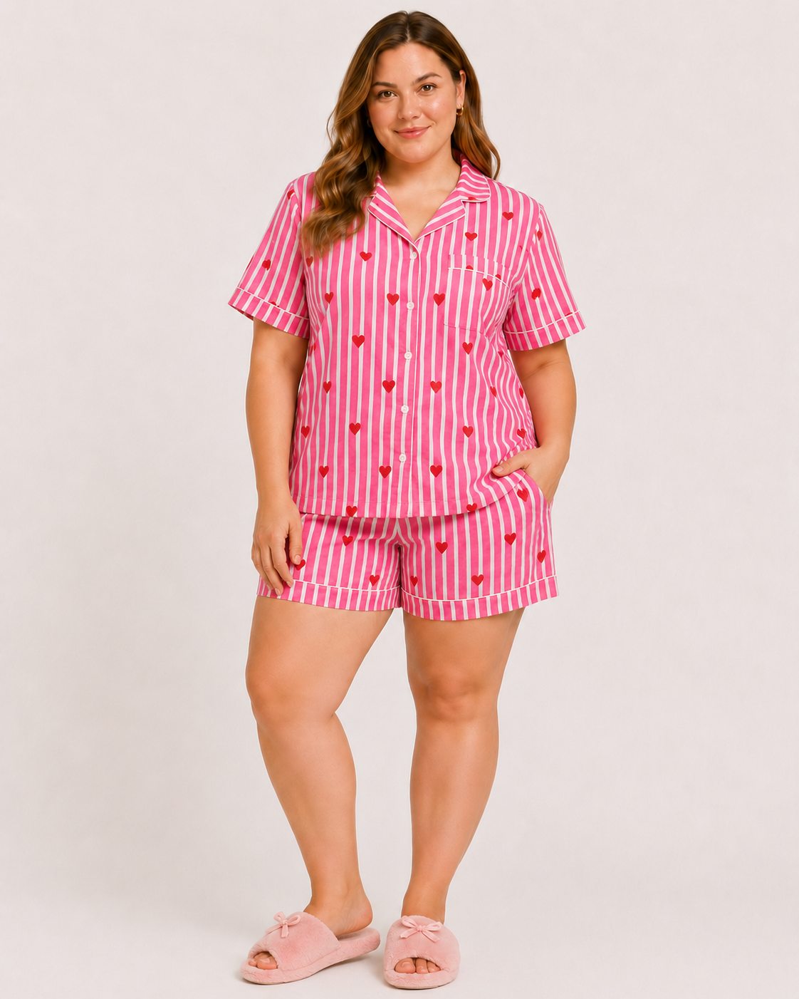 Hot Pink Cotton Night Suit Set with Heart Print, Striped Shirt & Shorts | Farah