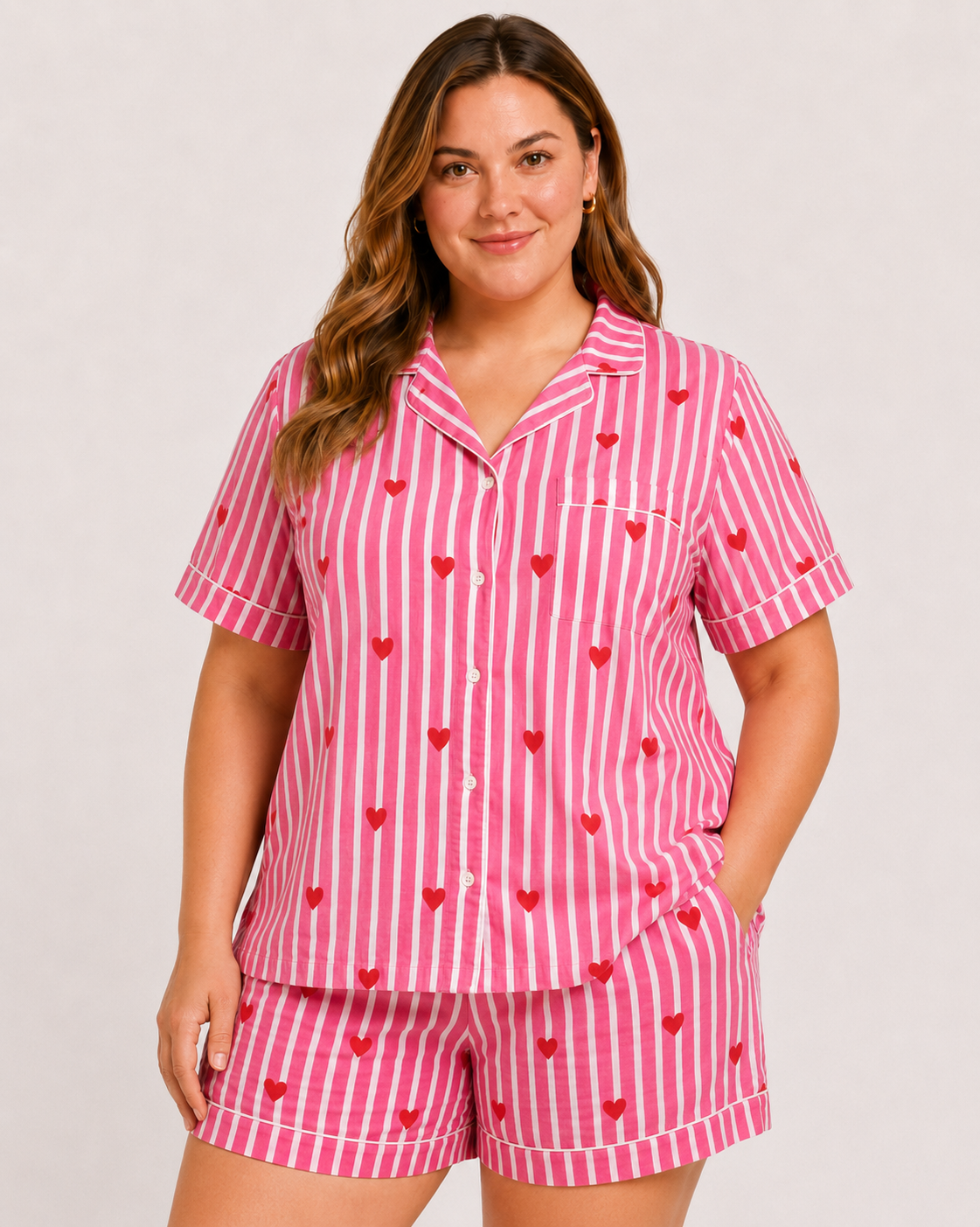 Hot Pink Cotton Night Suit Set with Heart Print, Striped Shirt & Shorts | Farah