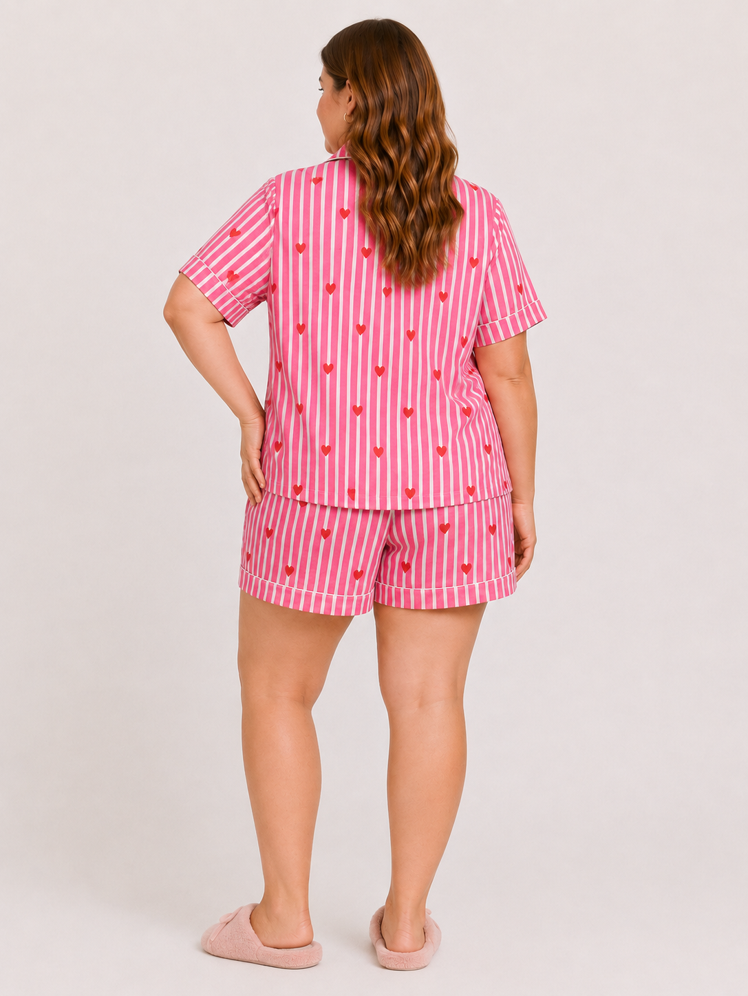 Hot Pink Cotton Night Suit Set with Heart Print, Striped Shirt & Shorts | Farah