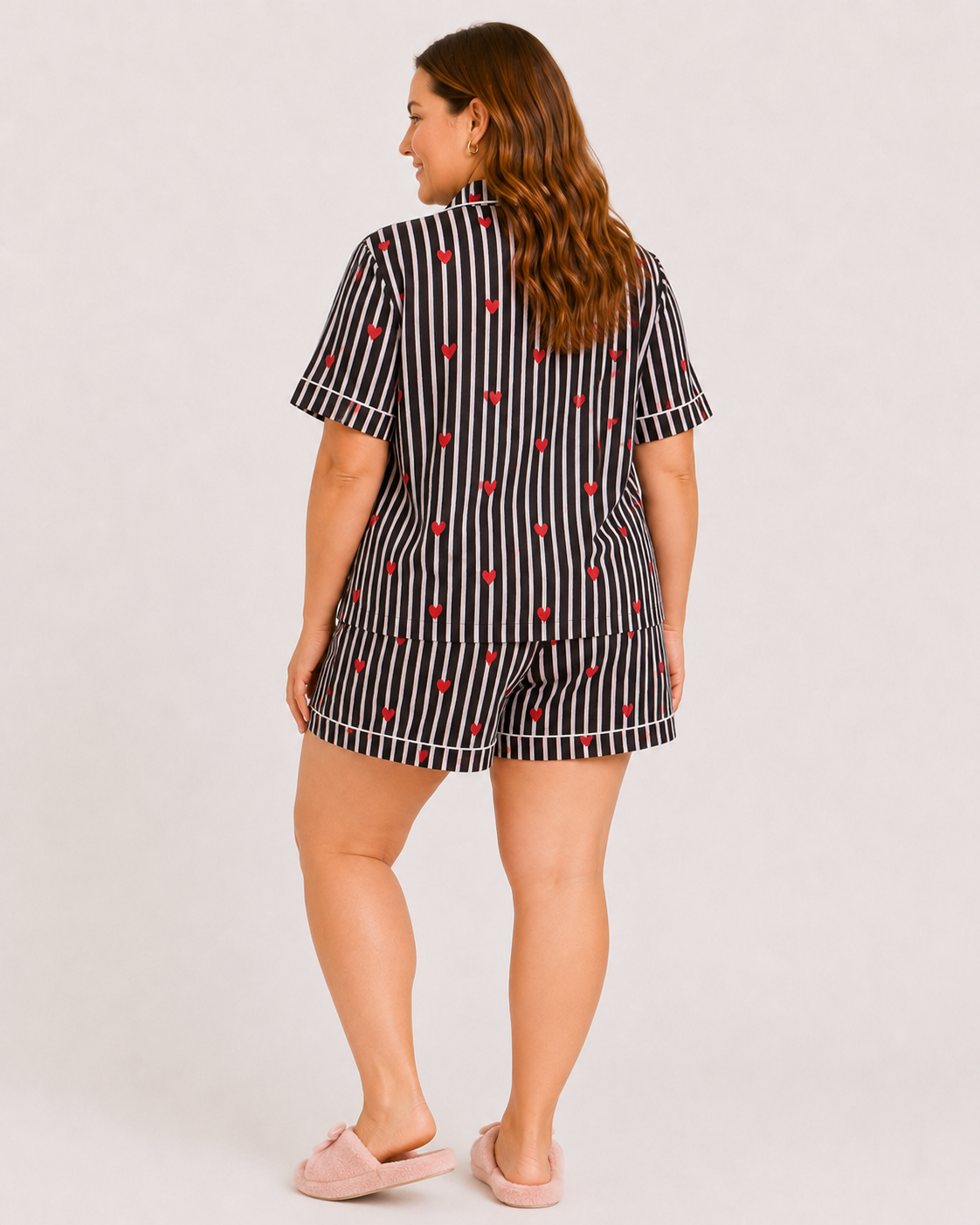 Black Cotton Night Suit Set with Heart Print, Striped Shirt & Shorts | Liyana