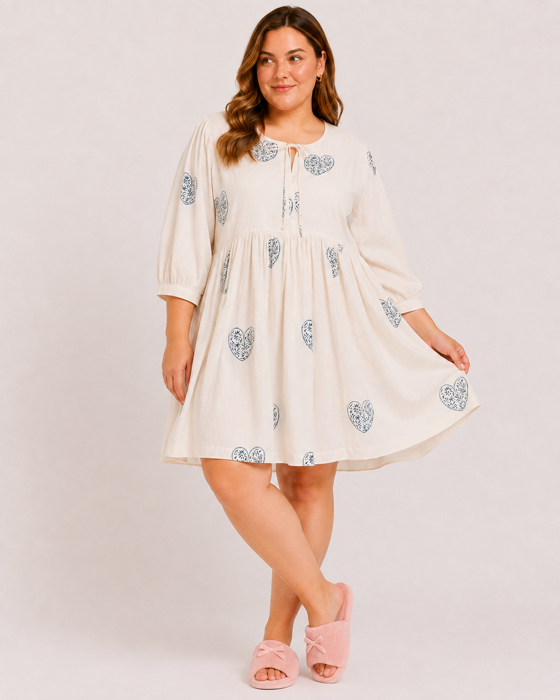 Cream Cotton Short Dress with Hand Block Blue Heart Motif & Relaxed Everyday Elegance | Qalbia