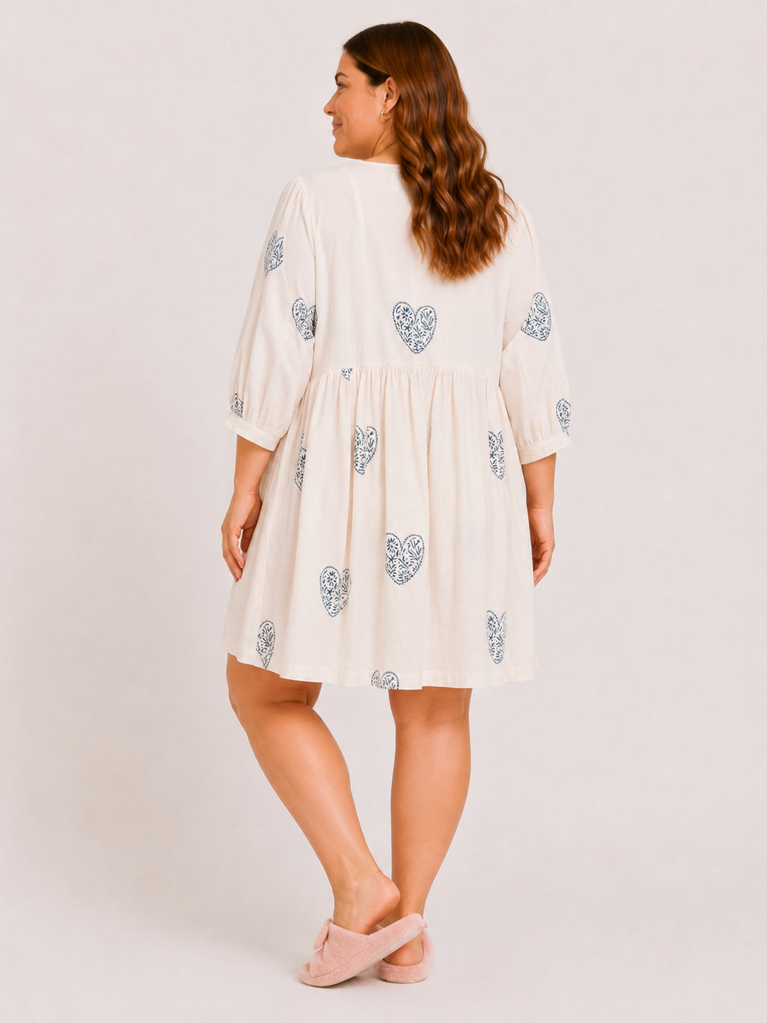 Cream Cotton Short Dress with Hand Block Blue Heart Motif & Relaxed Everyday Elegance | Qalbia