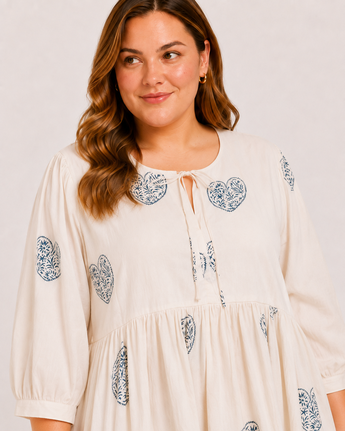 Cream Cotton Short Dress with Hand Block Blue Heart Motif & Relaxed Everyday Elegance | Qalbia