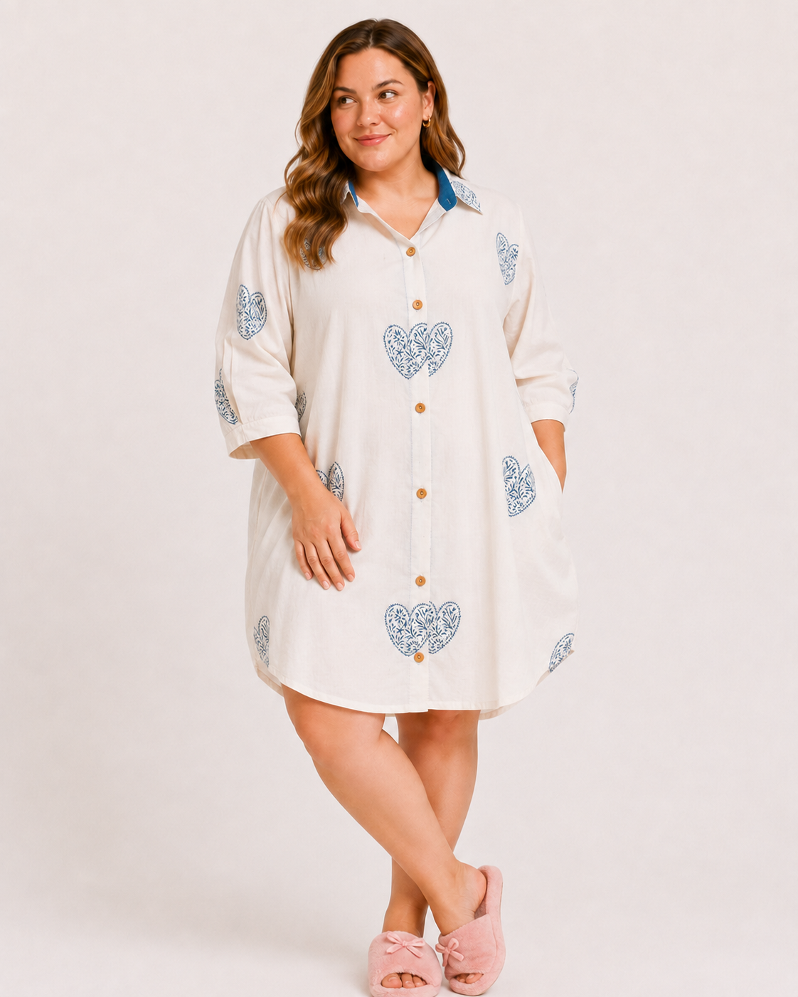 Cream Cotton Drop Shoulder Shirt with Hand Block Blue Heart Motif & Relaxed Everyday Style | Dilara