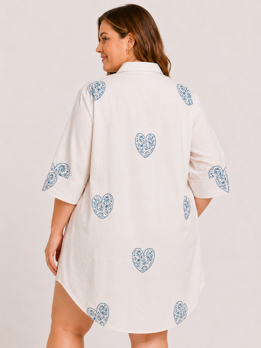 Cream Cotton Drop Shoulder Shirt with Hand Block Blue Heart Motif & Relaxed Everyday Style | Dilara