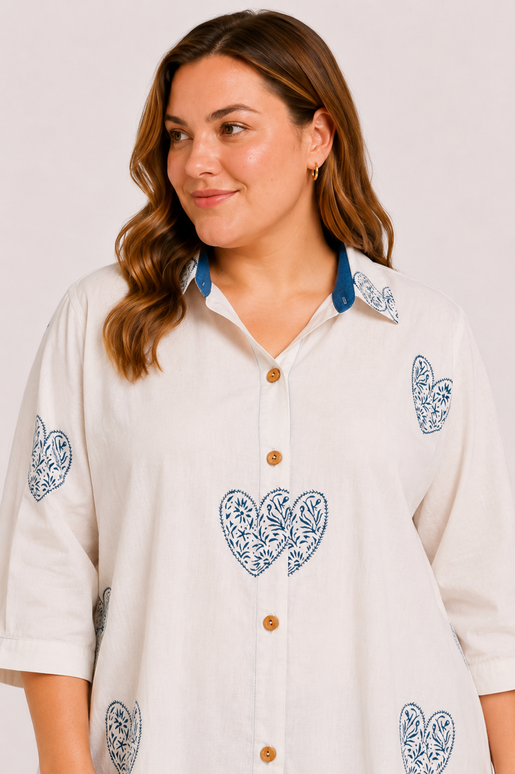 Cream Cotton Drop Shoulder Shirt with Hand Block Blue Heart Motif & Relaxed Everyday Style | Dilara