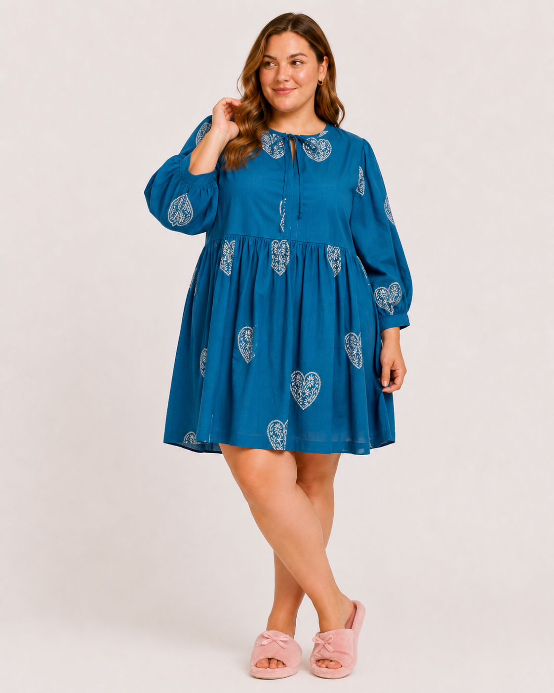 Teal Cotton Short Dress with Hand Block White Heart Motif & Relaxed Everyday Elegance | Azmira