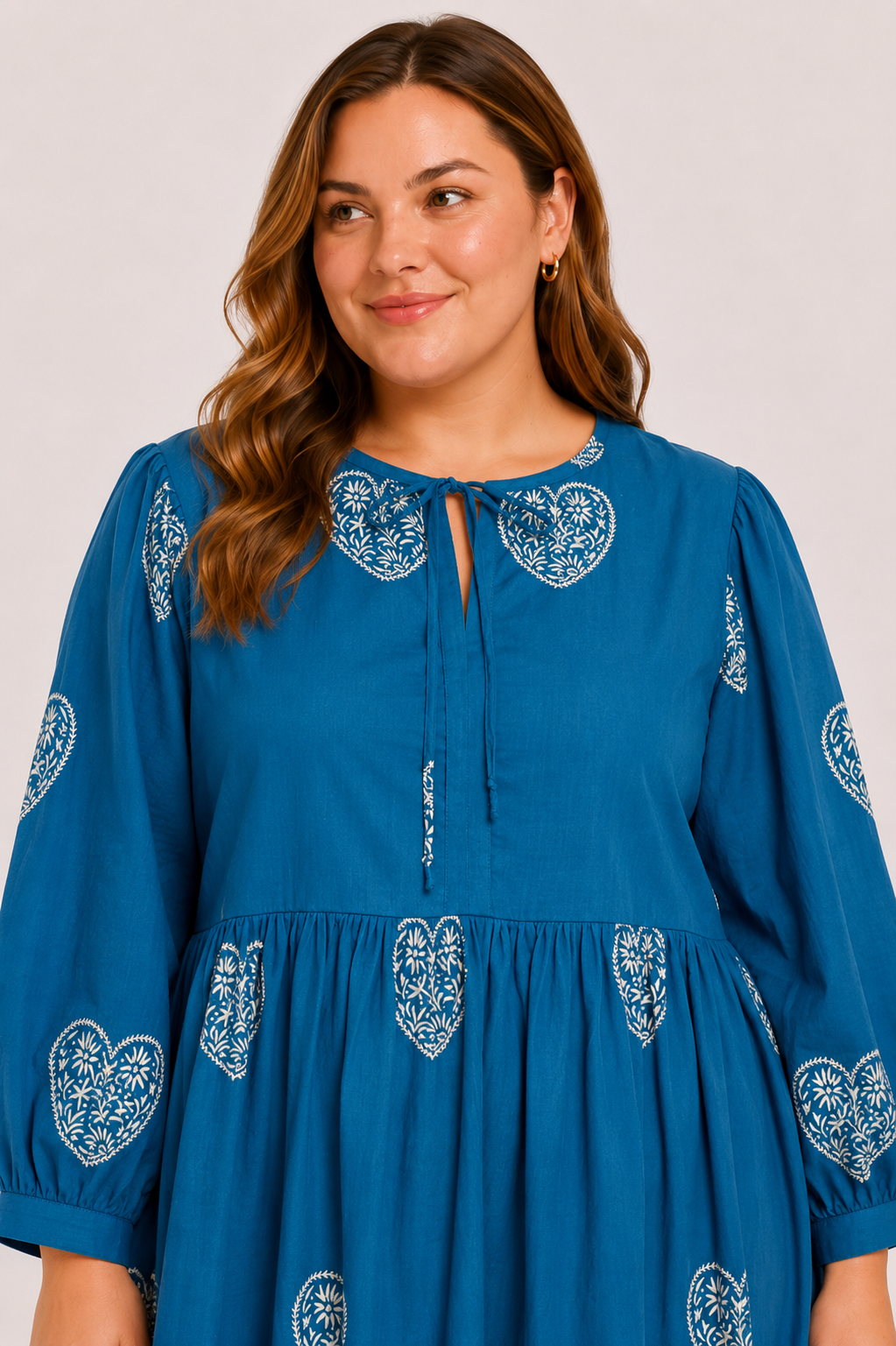 Teal Cotton Short Dress with Hand Block White Heart Motif & Relaxed Everyday Elegance | Azmira