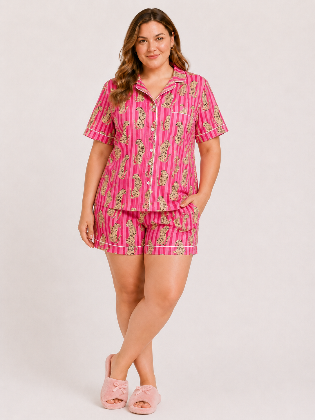 Pink Cotton Night Suit Set with Leopard Print, Striped Shirt & Shorts | Zahra