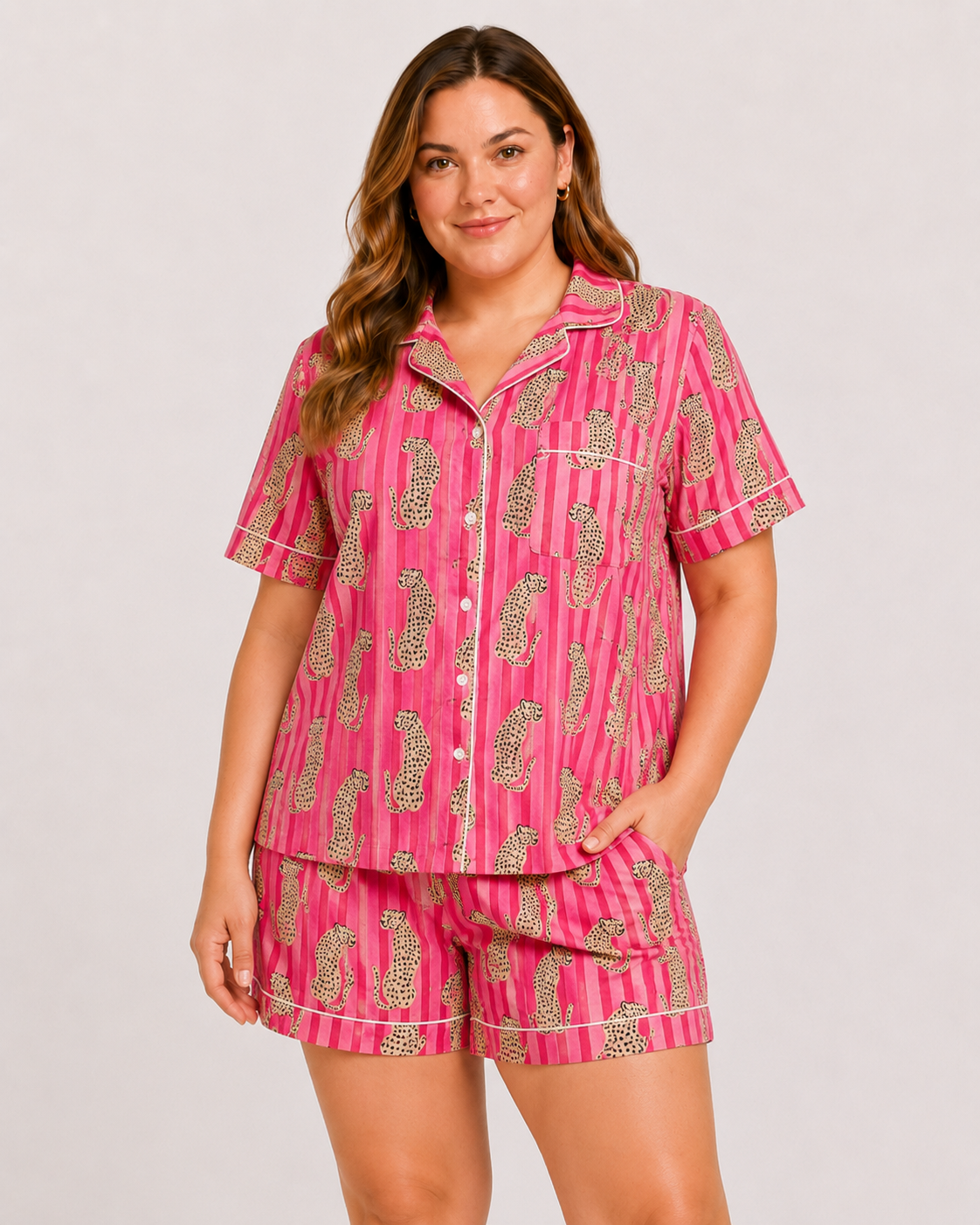 Pink Cotton Night Suit Set with Leopard Print, Striped Shirt & Shorts | Zahra