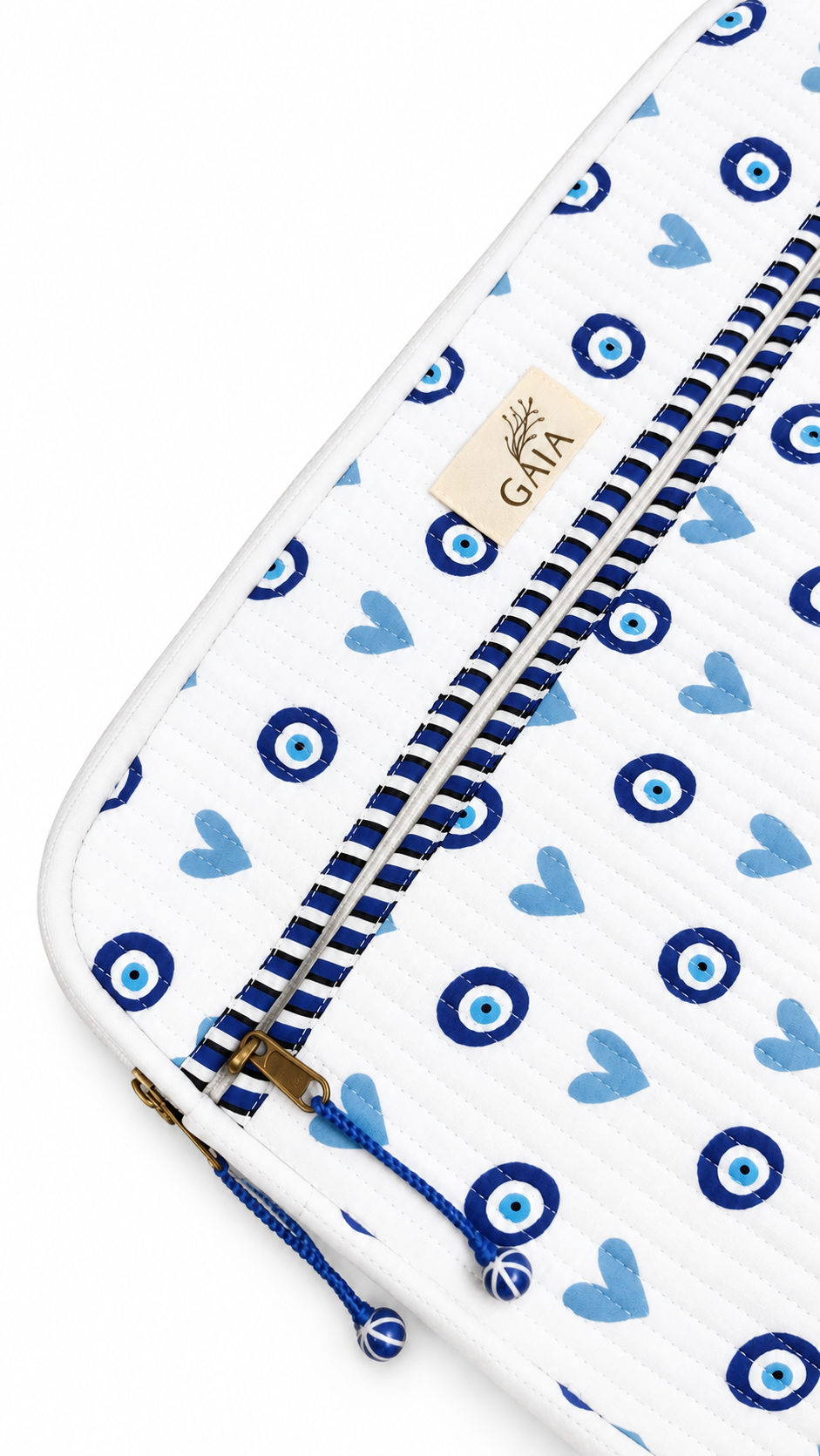 Blue & White Heart & Evil Eye Print Quilted Cotton Laptop Sleeve with Front Zip Pocket | Rivaz