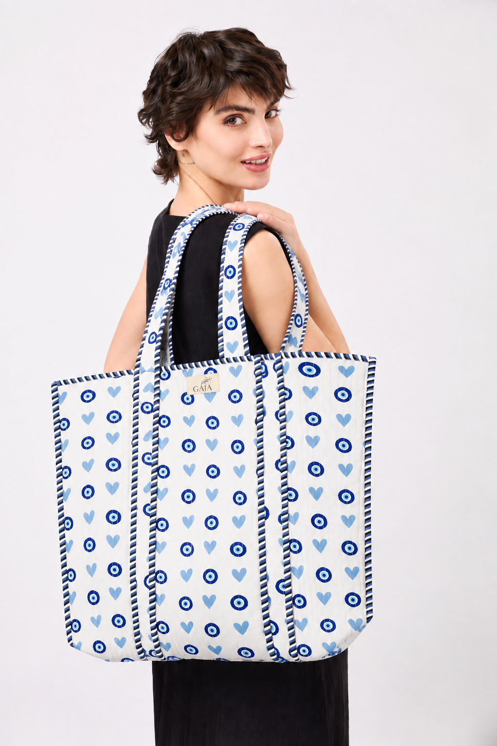 Blue & White Heart & Evil Eye Print Tote Bag with Spacious Open-Top Design | Aseel