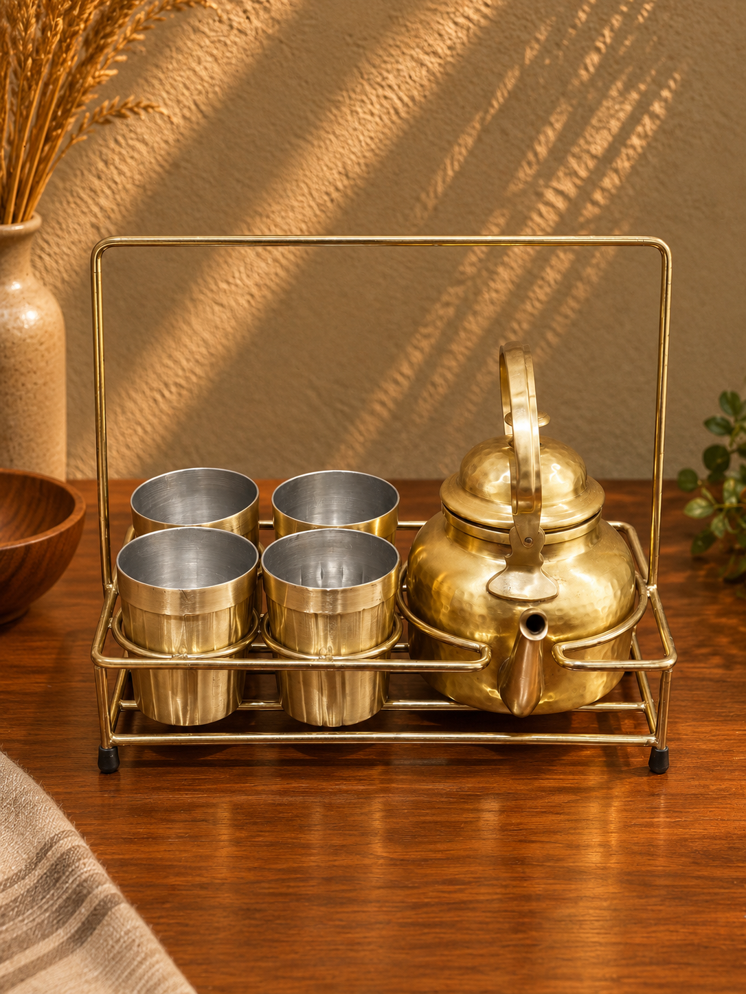 Brass Tea Set with Teapot, 4 Cups and Serving Stand | Sheerak