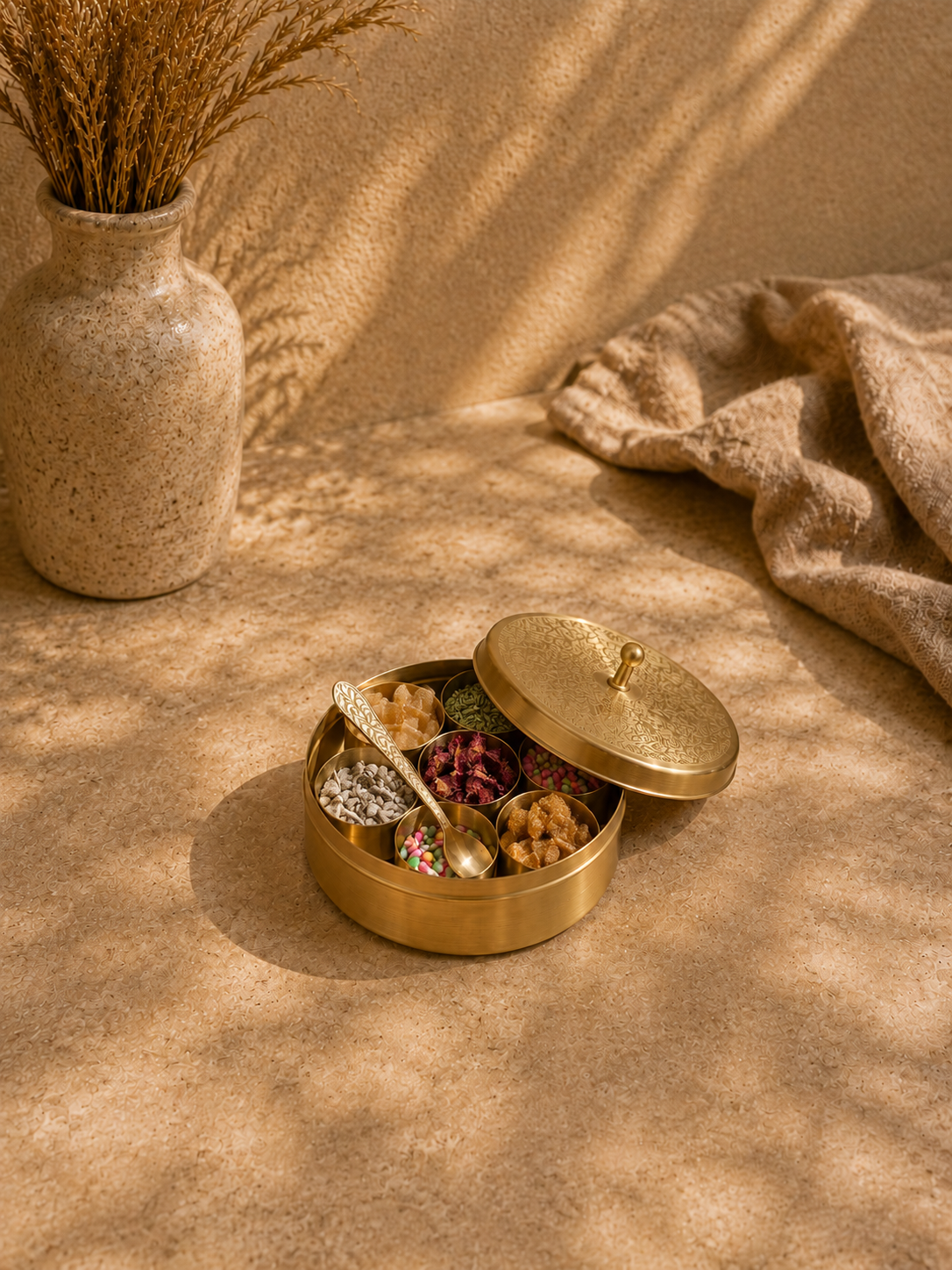 5 Inches Brass Mini Candy Box with Compartments and Lid – Decorative Sweet & Dry Fruit Storage Box