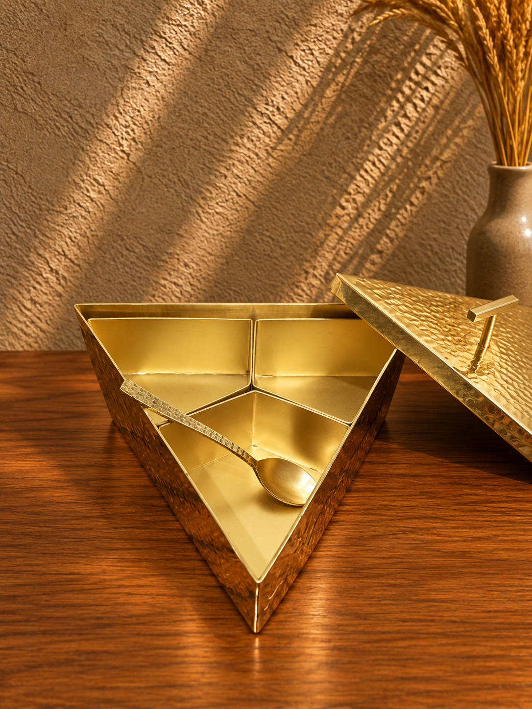 Brass Spice Box with Geometric Compartments and Spoon – Aurelia