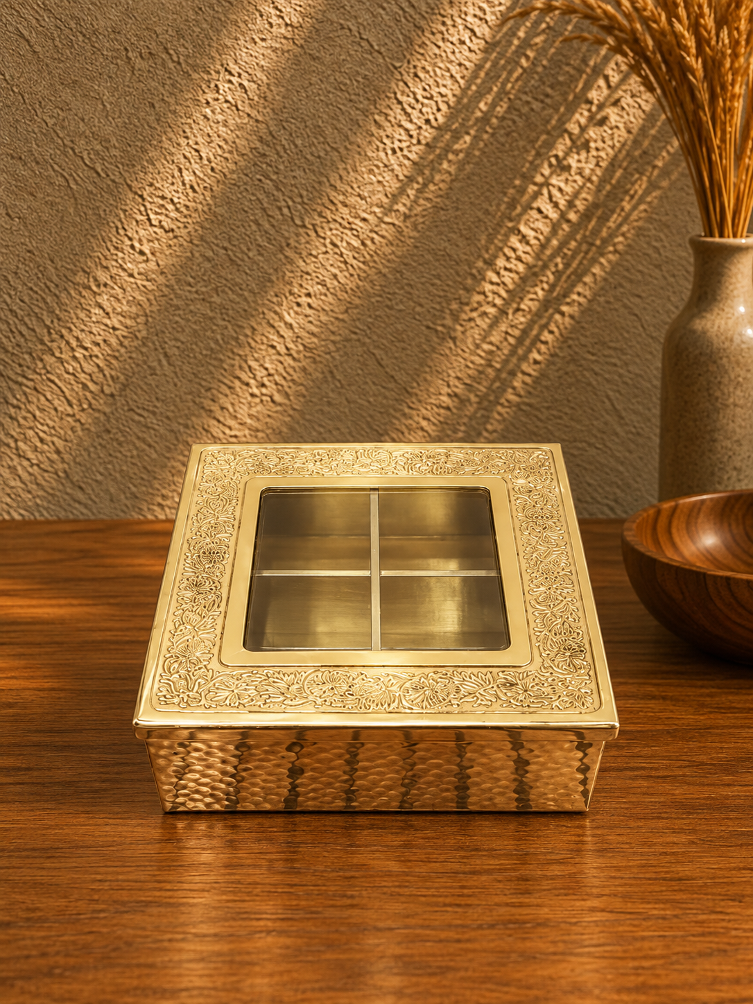 Brass Spice Box with Decorative Glass Lid and Compartments | Elodie