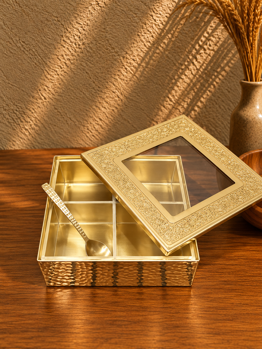 Brass Spice Box with Decorative Glass Lid and Compartments | Elodie
