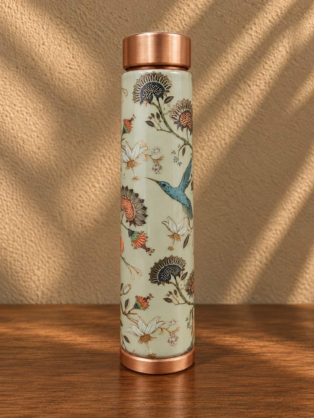 Copper Water Bottle with Floral and Bird Design – Decorative Copper Drinking Bottle