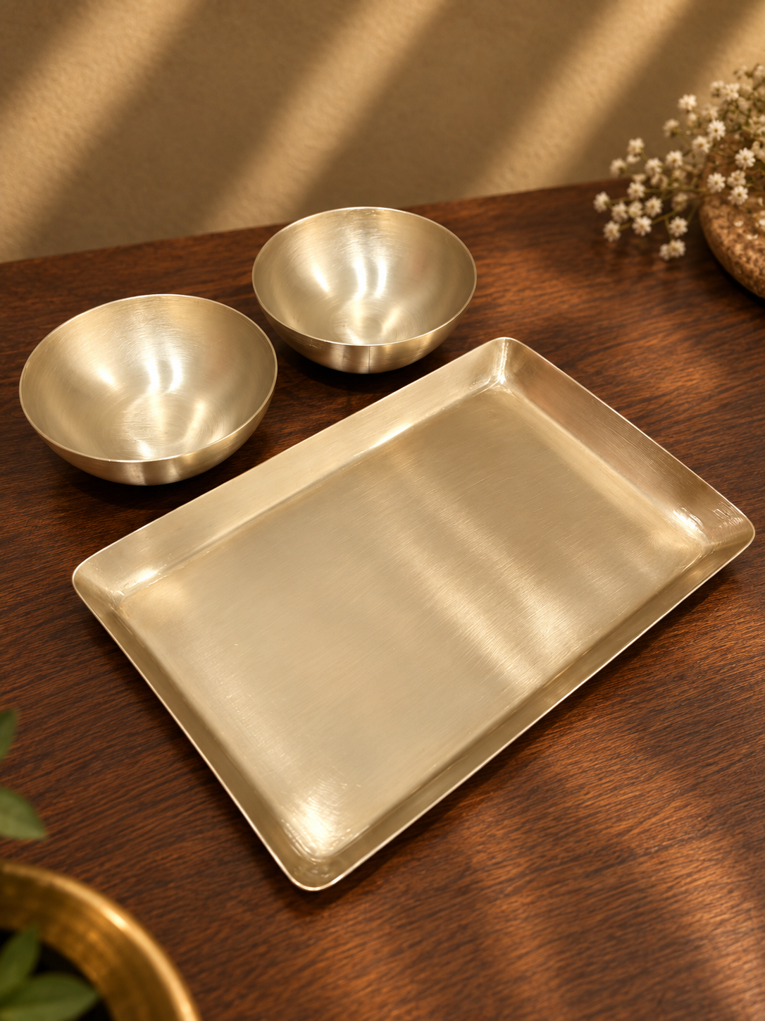 Bronze Dry Fruit Plate and Bowl Set – Decorative Serving Tray with 2 Bowls