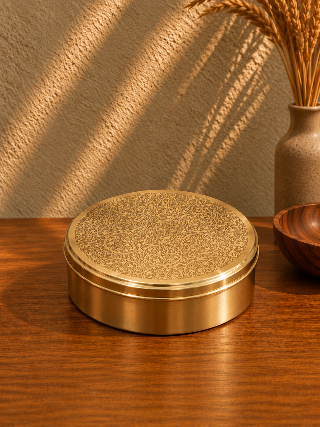 9 Inch Brass Storage Box with Decorative Lid – Large Round Brass Multipurpose Box