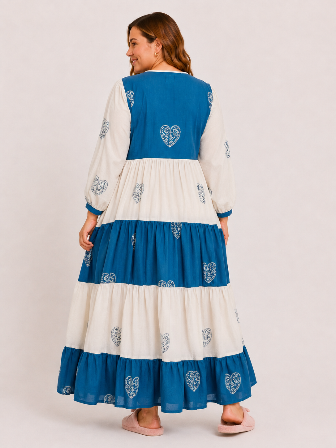 Blue & Cream Cotton Long Dress with Hand Block Heart Motif & Tiered Everyday Elegance | Yusra